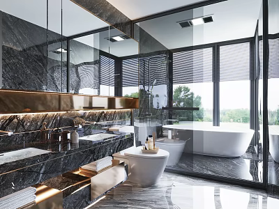 Modern Luxurious Bathroom Interior With Marble Walls Double Vanity And Freestanding Bathtub 3d model