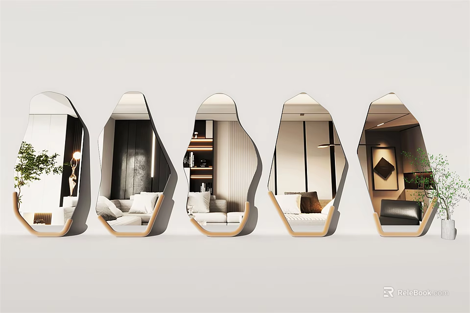 Multiple Geometric Mirrors With Wooden Frames Reflecting Modern Interior Spaces 3d model 