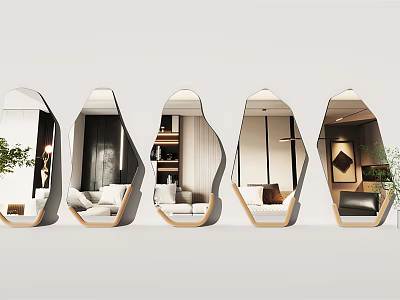 Multiple Geometric Mirrors With Wooden Frames Reflecting Modern Interior Spaces 3d model