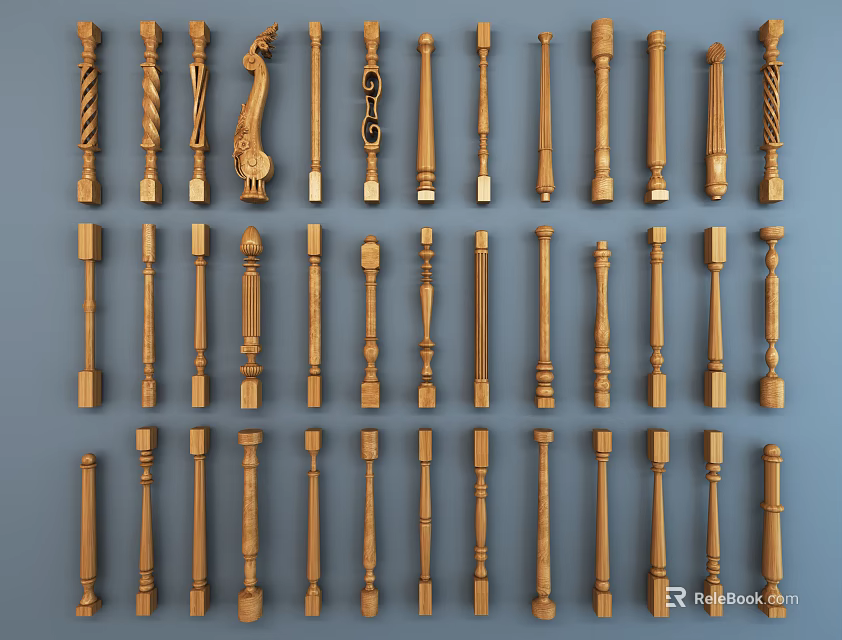 Wooden Balusters With Various Designs Displayed In Rows On Blue Background 3d model 