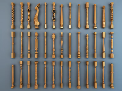 Wooden Balusters With Various Designs Displayed In Rows On Blue Background 3d model