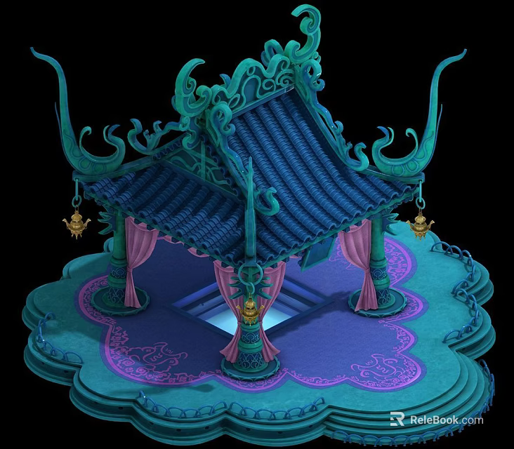 Chinese Traditional Pavilion with Ornate Blue Green Roof Pink Curtains Decorative Columns Patterned Purple Floor 3d model 