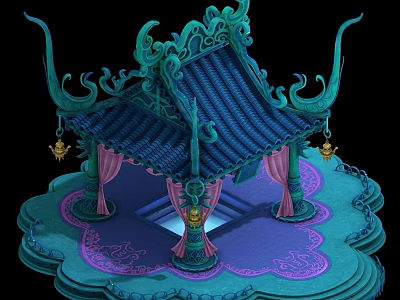 Chinese Traditional Pavilion with Ornate Blue Green Roof Pink Curtains Decorative Columns Patterned Purple Floor 3d model