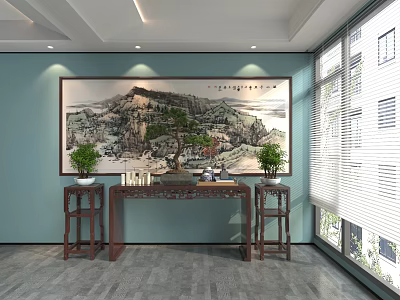 Traditional Landscape Painting On Light Blue Wall With Long Table Decorative Items And Green Plants 3d model