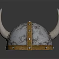 Medieval Horned Silver Weapon Helmet Featuring Golden Straps Rivets And Shiny Surface