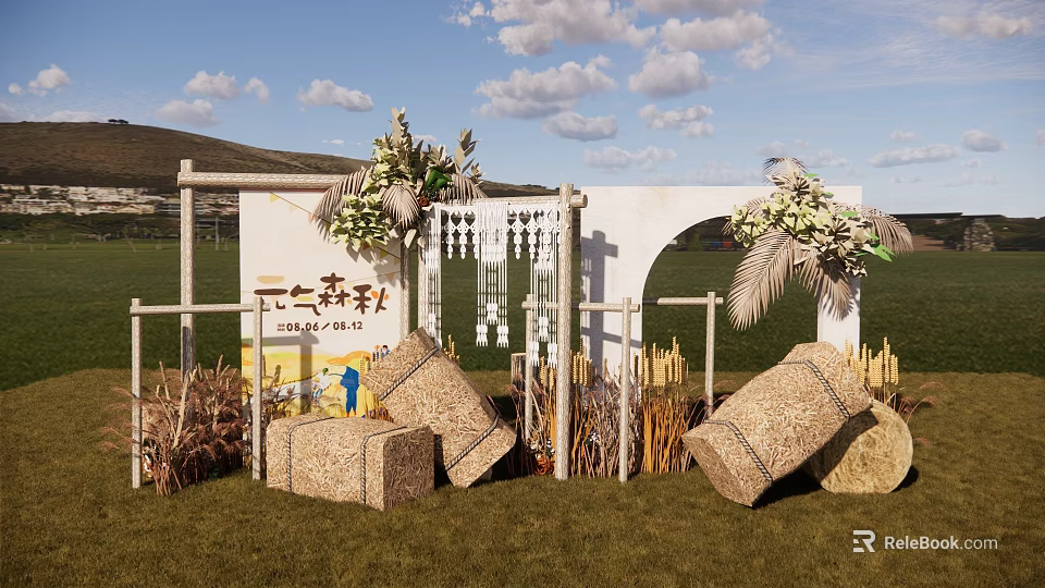 Autumn Outdoor Photo Spot With Straw Decor And Flower Adorned White Frame 3d model 