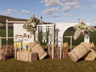 Autumn Outdoor Photo Spot With Straw Decor And Flower Adorned White Frame 3d model