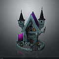 Gothic Style Cartoon Haunted House With Pointed Towers Purple Blue Roofs And Decorative Windows