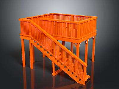 Orange Wooden Staircase With Landing Railing And Detailed Design Features 3d model