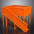 Orange Wooden Staircase With Landing Railing And Detailed Design Features