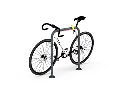 White Frame Road Bicycle Parked On Black Metal Bike Rack With Wheels 3d model