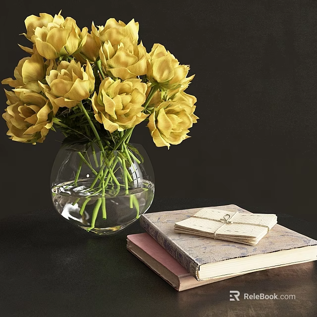 Yellow Roses in Transparent Glass Vase with Water and Stacked Books on Dark Surface 3d model 