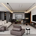 Modern Living Room With Beige Sofa Large Windows Scenic View Coffee Table And Area Rug