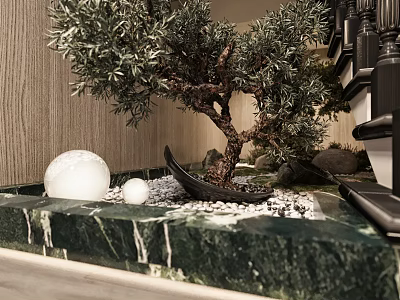 Bonsai Tree Miniature Garden Decor With Marble Countertop White Orbs Black Boat Ornament Small Pebbles 3d model