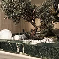 Bonsai Tree Miniature Garden Decor With Marble Countertop White Orbs Black Boat Ornament Small Pebbles