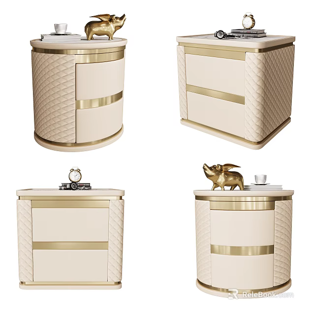 Modern Luxury Beige And Gold Bedside Tables With Woven Texture Decorative Accents 3d model 