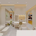 Modern Elegant Beauty Hair Salon Interior Design With White Worktable Comfortable Chairs And Product Shelves