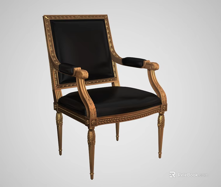 Classic Single Chair With Black Leather Upholstery Golden Accent Armrests And Elegant Carved Legs 3d model 