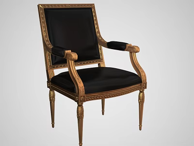 Classic Single Chair With Black Leather Upholstery Golden Accent Armrests And Elegant Carved Legs 3d model