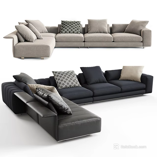 Modern Sectional Sofa With Gray Black Colors And Decorative Pillows 3d model
