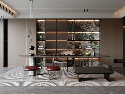 Modern Open Tea Room Interior Design With Wooden Shelves And Hanging Lights 3d model