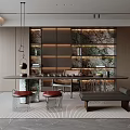 Modern Open Tea Room Interior Design With Wooden Shelves And Hanging Lights