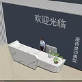 Modern Marble Reception Desk With Computer Welcome Sign And Blue Wall In Lobby