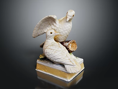 Hand Carved White Dove Sculpture Featuring Two Birds On Decorative Pedestal 3d model
