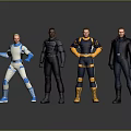 Four Game Movie Characters Posing In Futuristic Action Costumes With Various Colors