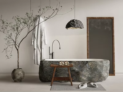 Natural Stone Bathtub With Wooden Stool Hanging Robe Side Plant And Mirror 3d model