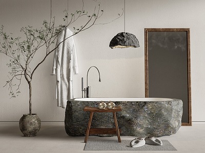 Quiet bathtub rubble bathtub chandelier bathrobe potted mirror faucet slippers stool model