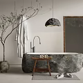 Natural Stone Bathtub With Wooden Stool Hanging Robe Side Plant And Mirror