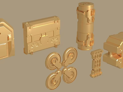 Golden 3D Model Mechanical Components Including Toolbox Cylindrical Parts Wheels And Grid Structure 3d model