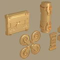 Golden 3D Model Mechanical Components Including Toolbox Cylindrical Parts Wheels And Grid Structure