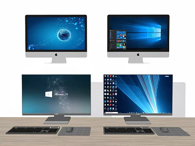 Multiple Computer Monitors With Different Screen Interfaces And Desktop Accessories On Desk 3d model