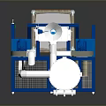 Industrial Equipment With Blue Frame Silver Cylindrical Container Pipes And Blue Barrel At Bottom