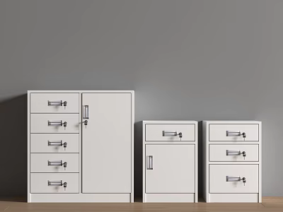 White Filing Cabinets With Lockable Doors And Drawers In Various Sizes On Wooden Floor 3d model
