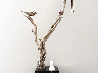 Natural Branch Decorative Ornament Set With Bird Pink Flower Chain Black Base And White Buddha Figure 3d model