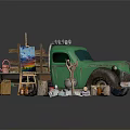 Green Vintage Truck With Easel Canvas Paint Buckets And Wood Logs Around