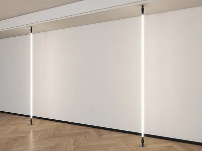 Minimalist Interior With White Wall Herringbone Wood Floor And Vertical Strip Lights 3d model