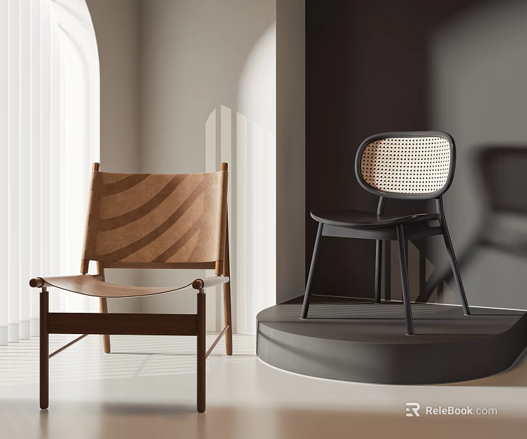 Modern Leisure Chairs With Wooden Frame Brown Woven And Black Rattan Backrest In Minimalist Interior 3d model 