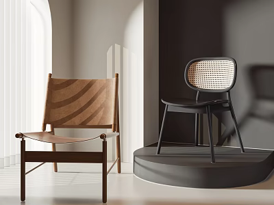 Modern Leisure Chairs With Wooden Frame Brown Woven And Black Rattan Backrest In Minimalist Interior 3d model