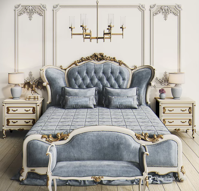 Luxurious Bedroom Design Featuring Blue Tufted Bed Gold Accents And Nightstands With Lamps 3d model 