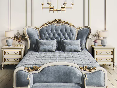 Luxurious Bedroom Design Featuring Blue Tufted Bed Gold Accents And Nightstands With Lamps 3d model