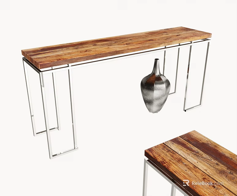 Modern Console Table With Wooden Top And Metal Frame Featuring Silver Vase 3d model 