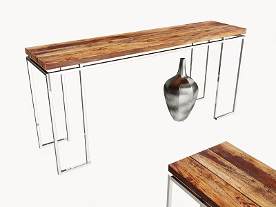 Modern Console Table With Wooden Top And Metal Frame Featuring Silver Vase 3d model