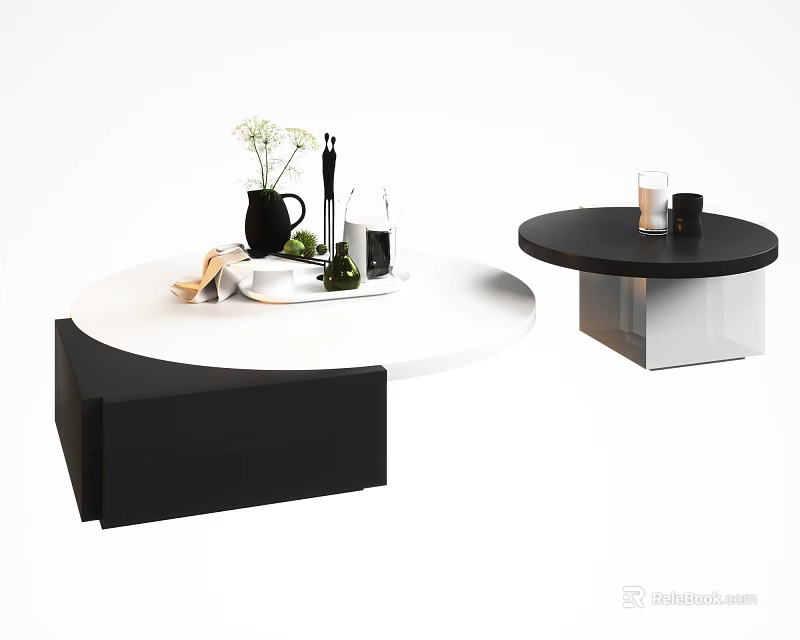 Modern Round Coffee Tables With White Black Design And Decorative Items 3d model