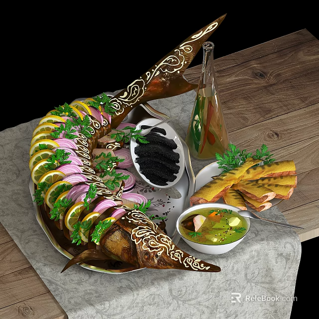 Whole Decorated Fish Platter With Lemon Slices Red Onion Black Sauce Soup And Flatbread 3d model 