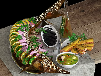 Whole Decorated Fish Platter With Lemon Slices Red Onion Black Sauce Soup And Flatbread 3d model