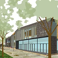 Scenic Hillside Visitor Center With Parking Lot Trees Pathways And Water Stream